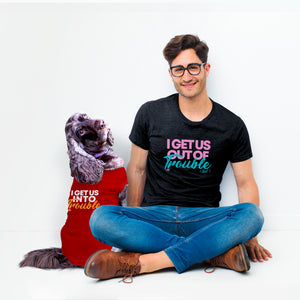 Funny, cheeky dog t shirts for all naughty puppas and a perfect gift idea for your furry friends. Custom text print "I get us into trouble". Good quality t-shirt 65% cotton 35% polyester soft material. Available colours black, red, pink and light blue.