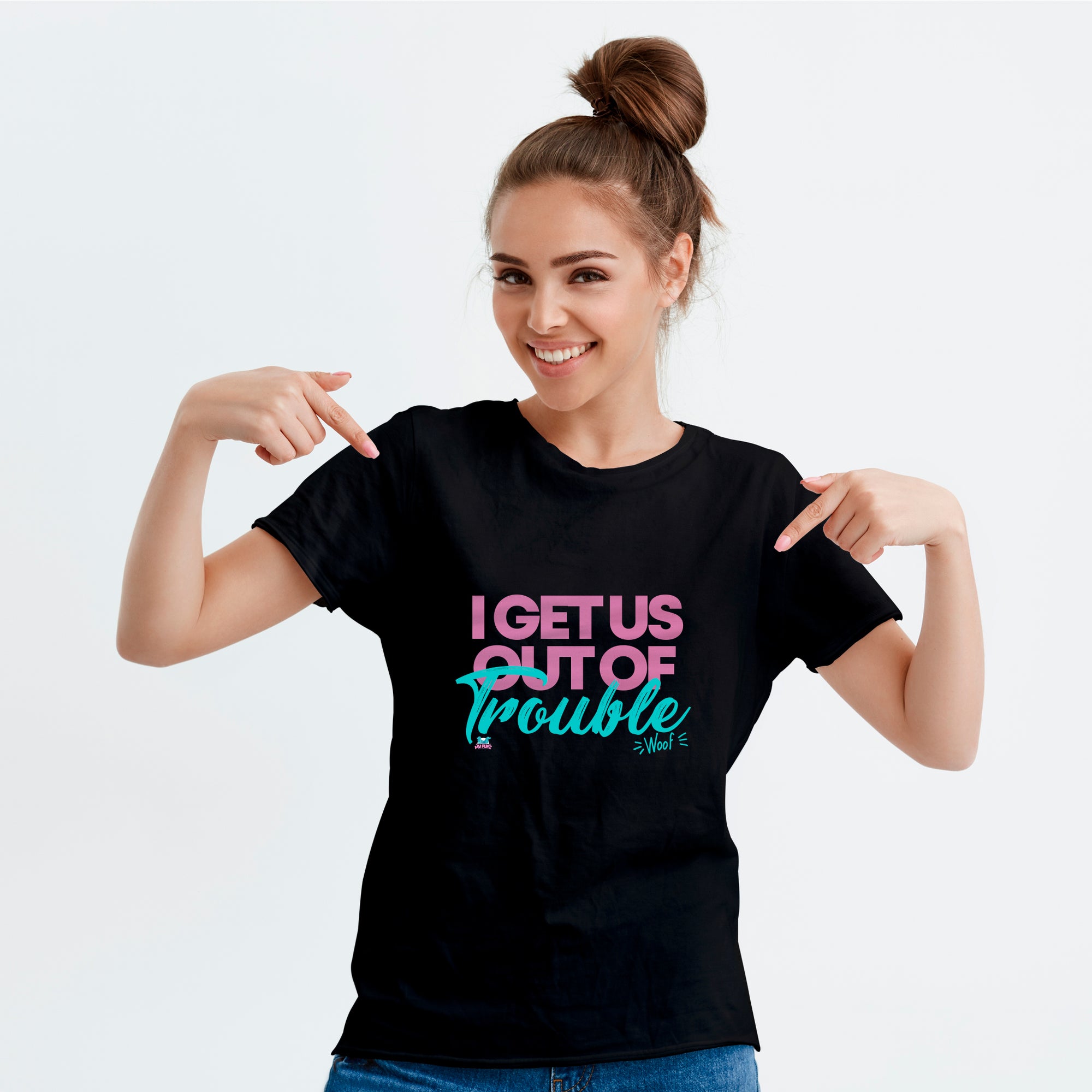 Funny t-shirt for dog lovers and a perfect gift idea for dog "pawrents". Custom text print "I get us out of trouble". Good quality t-shirt 100% pre-shrunk cotton, classic fit. Available in red and black colours.