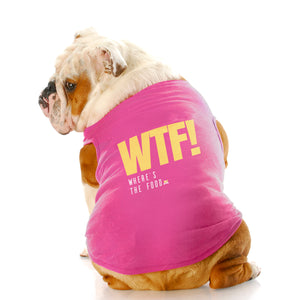 Funny dog tank top to show off your pup’s love for food. Custom text print "WTF!" Where's the food. Good quality t-shirt 65% cotton 35% polyester soft material. Available colours black, red, pink and light blue.