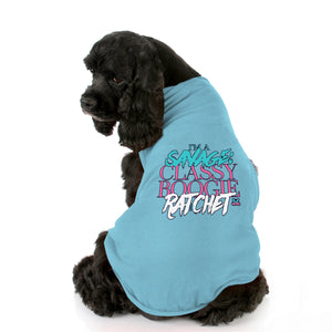 Fun dog tank top to showcase your pup's personality. Custom text print "I'm a Savage Classy Boogie Ratchet". Good quality t-shirt 65% cotton 35% polyester soft material. Available colours black, red, pink and light blue.