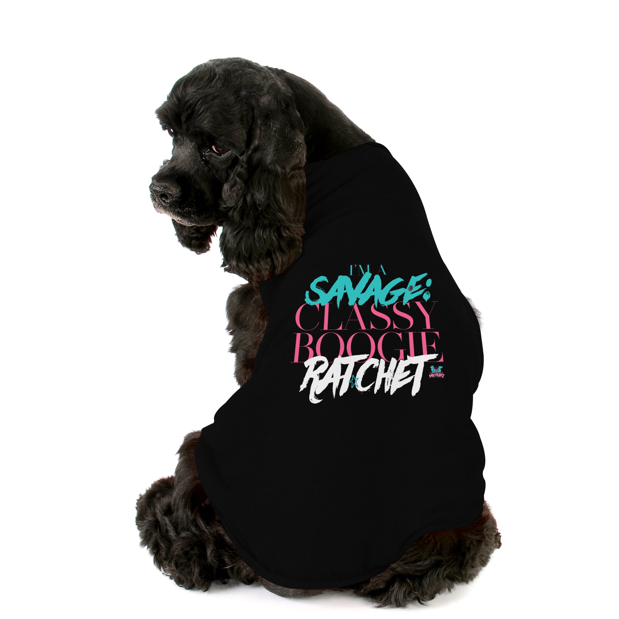 Fun dog tank top to showcase your pup's personality. Custom text print "I'm a Savage Classy Boogie Ratchet". Good quality t-shirt 65% cotton 35% polyester soft material. Available colours black, red, pink and light blue.