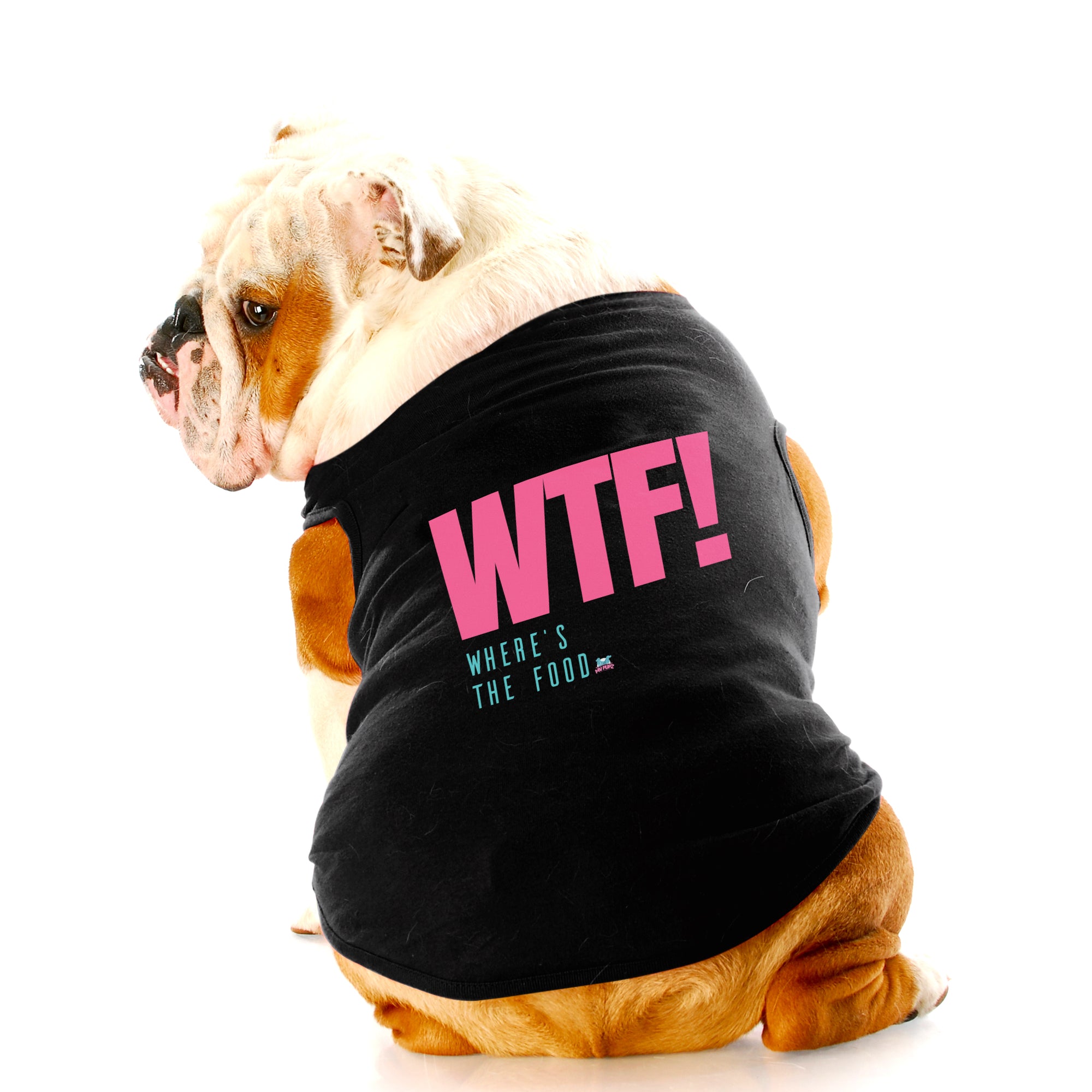 Funny dog tank top to show off your pup’s love for food. Custom text print "WTF!" Where's the food. Good quality t-shirt 65% cotton 35% polyester soft material. Available colours black, red, pink and light blue.