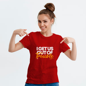 Funny t-shirt for dog lovers and a perfect gift idea for dog "pawrents". Custom text print "I get us out of trouble". Good quality t-shirt 100% pre-shrunk cotton, classic fit. Available in red and black colours.