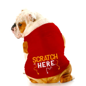 Fun dog tank top to showcase your pup's preferred scratch spot. Custom text print "Scratch here " (arrow down). Good quality t-shirt 65% cotton 35% polyester soft material. Available colours black, red, pink and light blue.