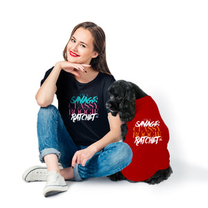 Fun dog tank top to showcase your pup's personality. Custom text print "I'm a Savage Classy Boogie Ratchet". Good quality t-shirt 65% cotton 35% polyester soft material. Available colours black, red, pink and light blue.