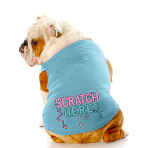 Fun dog tank top to showcase your pup's preferred scratch spot. Custom text print "Scratch here " (arrow down). Good quality t-shirt 65% cotton 35% polyester soft material. Available colours black, red, pink and light blue.