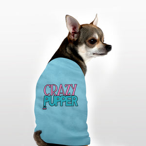 Funny dog tank top to showcase your pup's personality. Custom text print "Crazy Pupper". Good quality t-shirt 65% cotton 35% polyester soft material. Available colours black, red, pink and light blue.