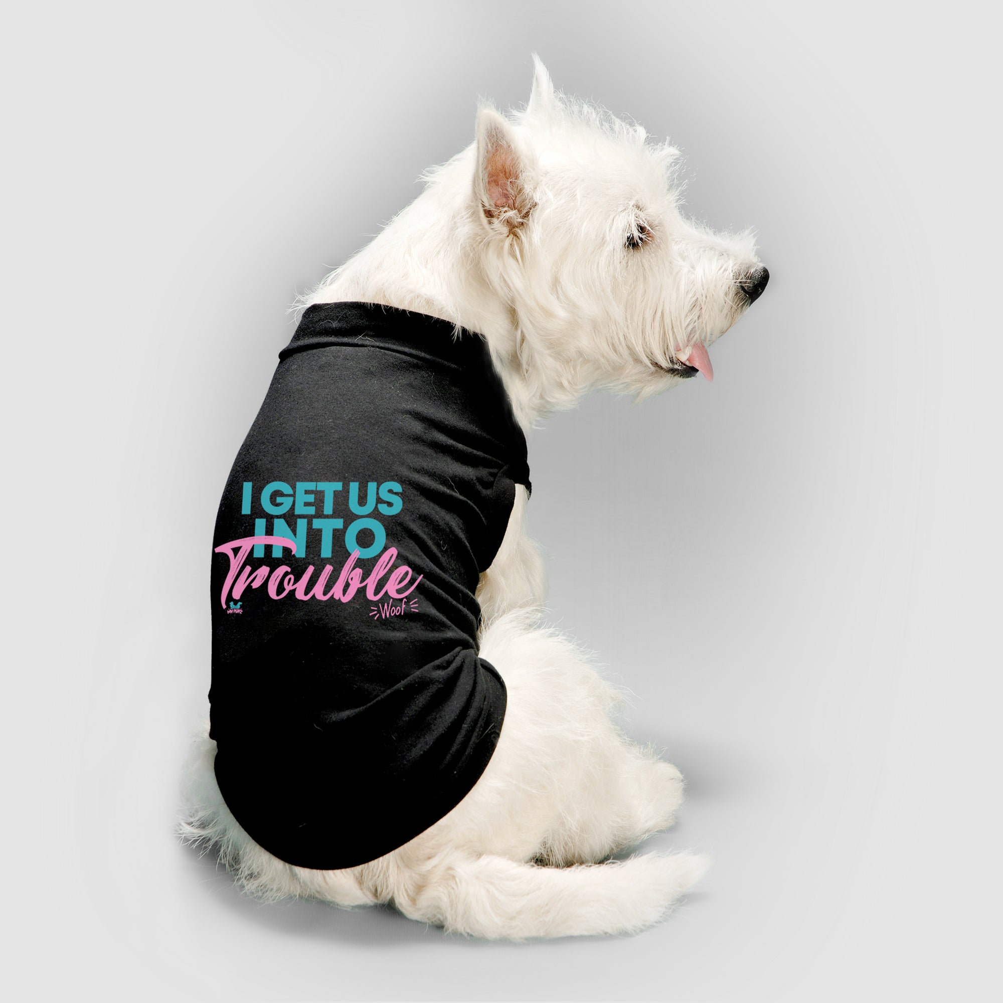 Funny, cheeky dog t shirts for all naughty puppas and a perfect gift idea for your furry friends. Custom text print "I get us into trouble". Good quality t-shirt 65% cotton 35% polyester soft material. Available colours black, red, pink and light blue.