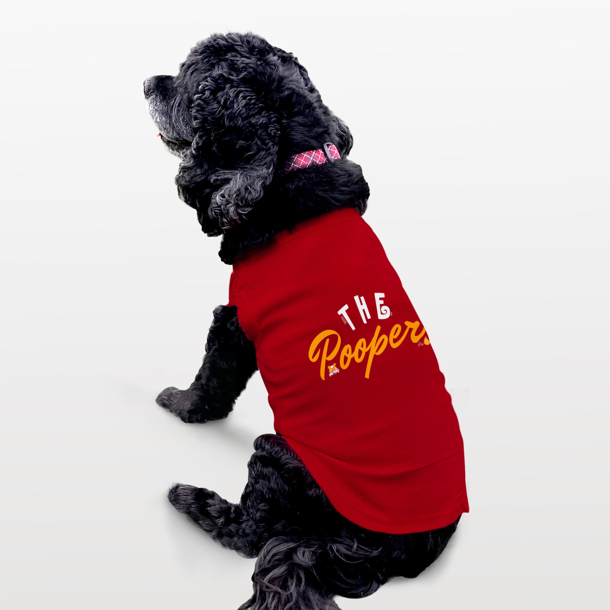 Funny dog tank top and a perfect gift idea for your furry friends. Custom text print "The Pooper". Good quality t-shirt 65% cotton 35% polyester soft material. Available colours black, red, pink and light blue.