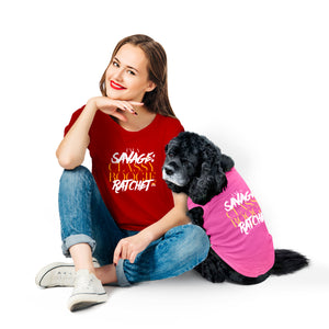 Fun dog tank top to showcase your pup's personality. Custom text print "I'm a Savage Classy Boogie Ratchet". Good quality t-shirt 65% cotton 35% polyester soft material. Available colours black, red, pink and light blue.