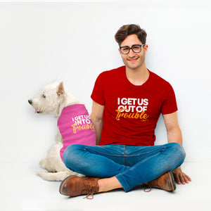 Funny t-shirt for dog lovers and a perfect gift idea for dog "pawrents". Custom text print "I get us out of trouble". Good quality t-shirt 100% pre-shrunk cotton, classic fit. Available in red and black colours.