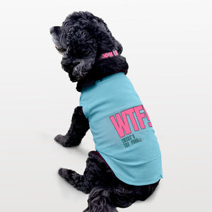 Funny dog tank top to show off your pup’s love for food. Custom text print "WTF!" Where's the food. Good quality t-shirt 65% cotton 35% polyester soft material. Available colours black, red, pink and light blue.