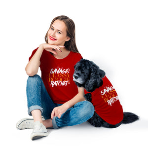 Funny t-shirt for dog lovers and a perfect gift idea for dog "pawrents". Custom text print "I'm a Savage Classy Boogie Ratchet". Good quality t-shirt 100% pre-shrunk cotton, classic fit. Available in red and black colours.