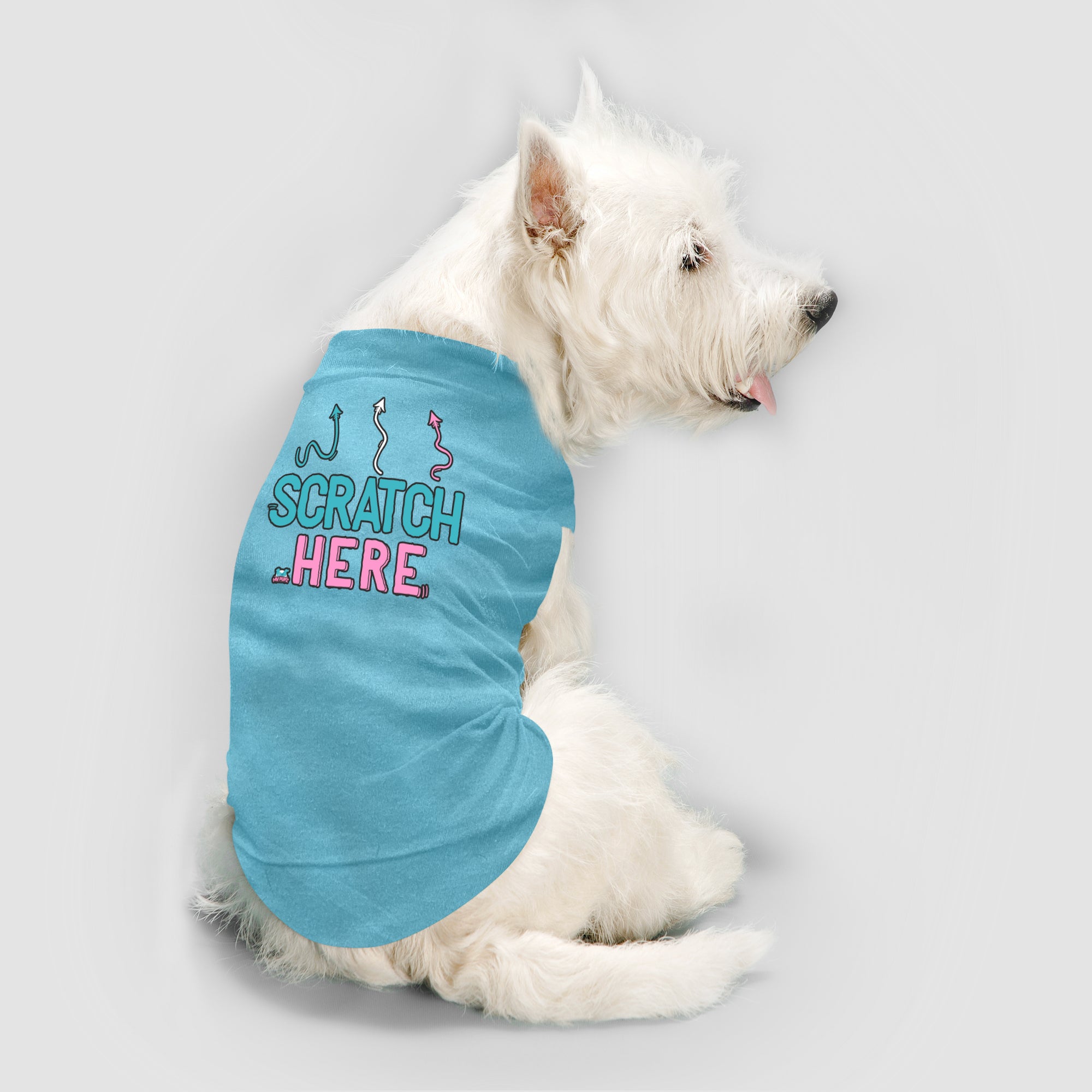 Funny dog tank top to showcase your pup's preferred scratch spot. Custom text print "Scratch here " (arrow up). Good quality t-shirt 65% cotton 35% polyester soft material. Available colours black, red, pink and light blue.