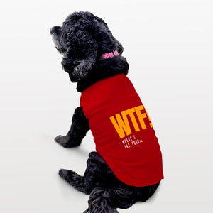 Funny dog tank top to show off your pup’s love for food. Custom text print "WTF!" Where's the food. Good quality t-shirt 65% cotton 35% polyester soft material. Available colours black, red, pink and light blue.