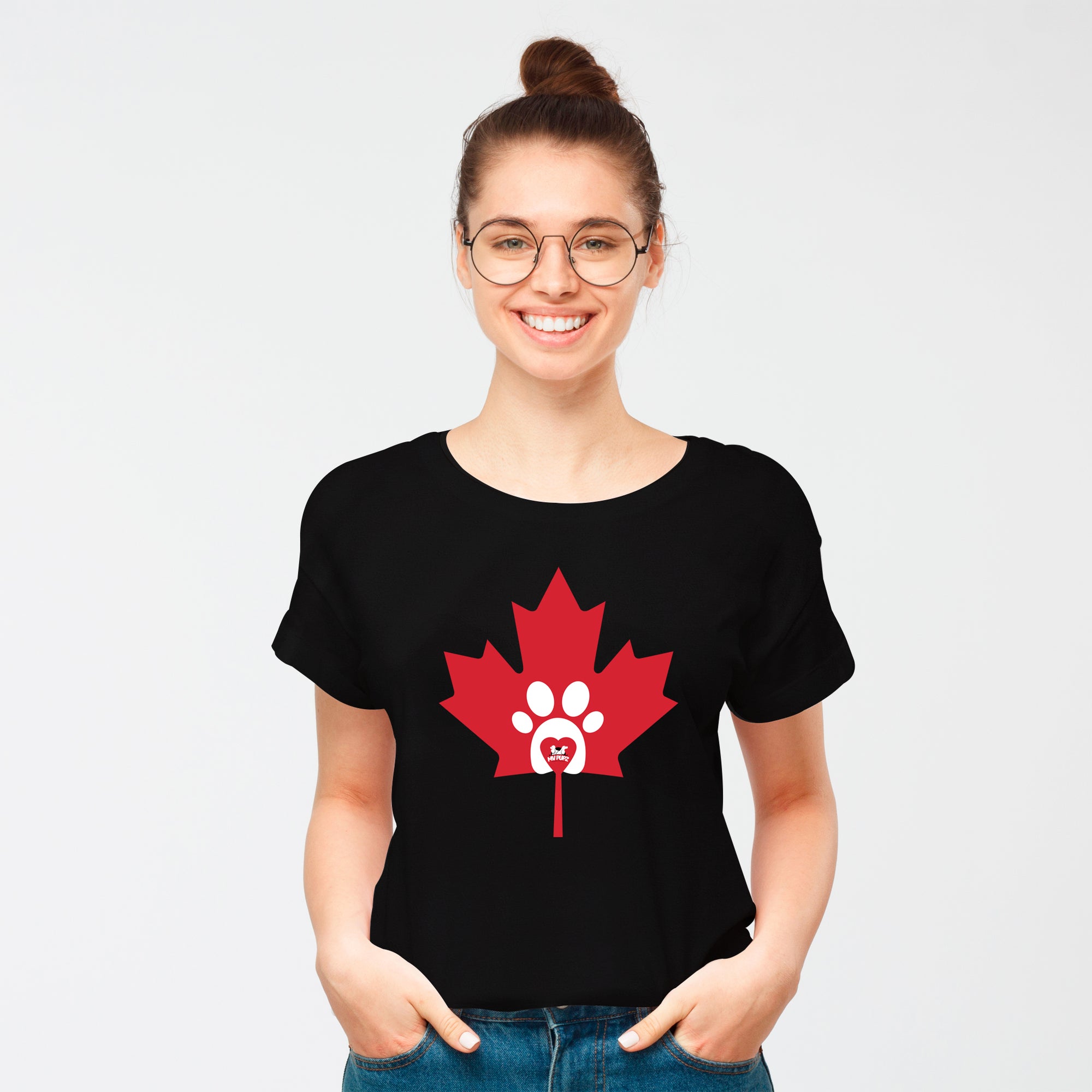 Canada Day t-shirt for dog lovers and a perfect gift idea for "pawrents". Custom print of maple leaf, heart, & paw. Good quality t-shirt 100% pre-shrunk cotton, classic fit. Available in red and black colours.