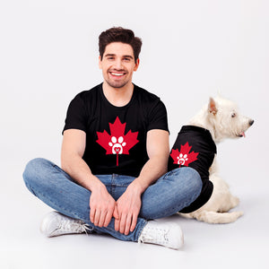 A classic tee for our Canadian puppers and a perfect gift idea for your furry friends. Custom print of maple leaf, heart, & paw. Good quality t-shirt 65% cotton 35% polyester soft material. Available in black and red colours.