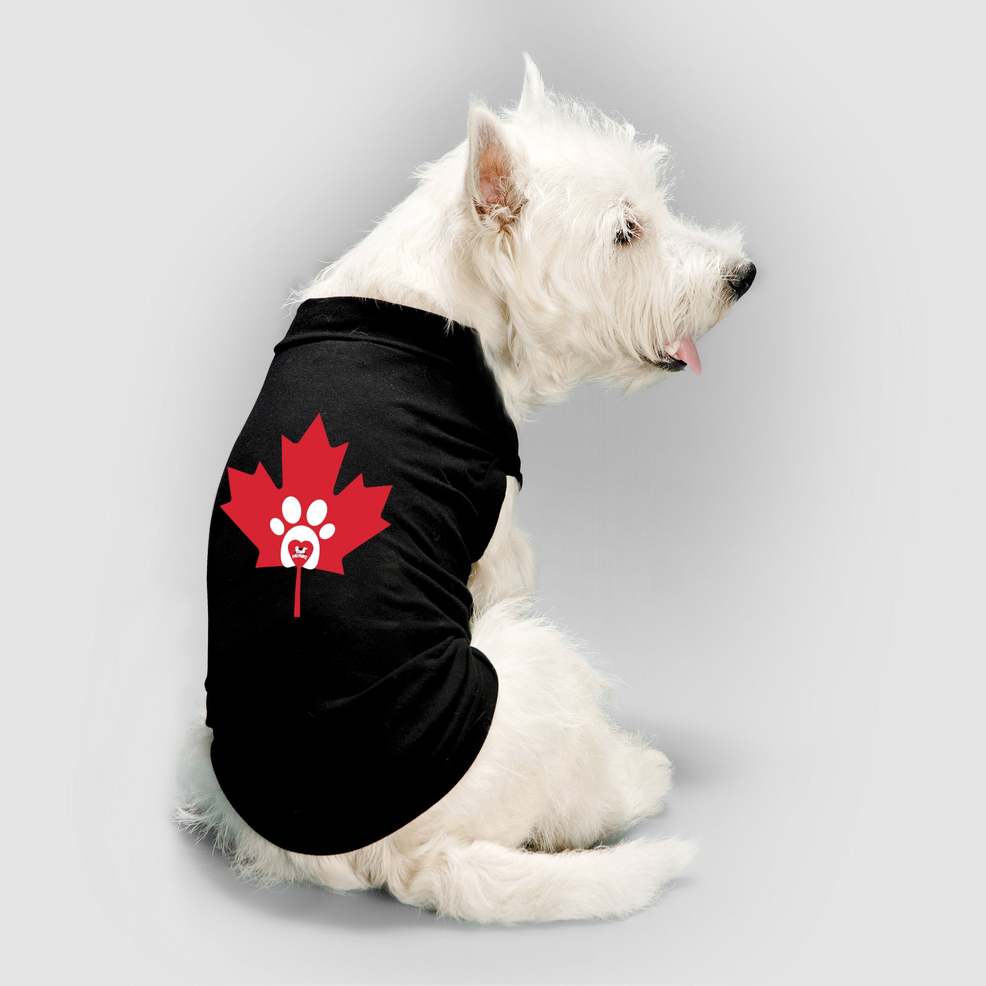 A classic tee for our Canadian puppers and a perfect gift idea for your furry friends. Custom print of maple leaf, heart, & paw. Good quality t-shirt 65% cotton 35% polyester soft material. Available in black and red colours. 