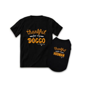 Thanksgiving special dog t shirt. Custom text print thankful for my hooman on black t shirt. Good quality t-shirt 65% cotton 35% polyester soft material. 