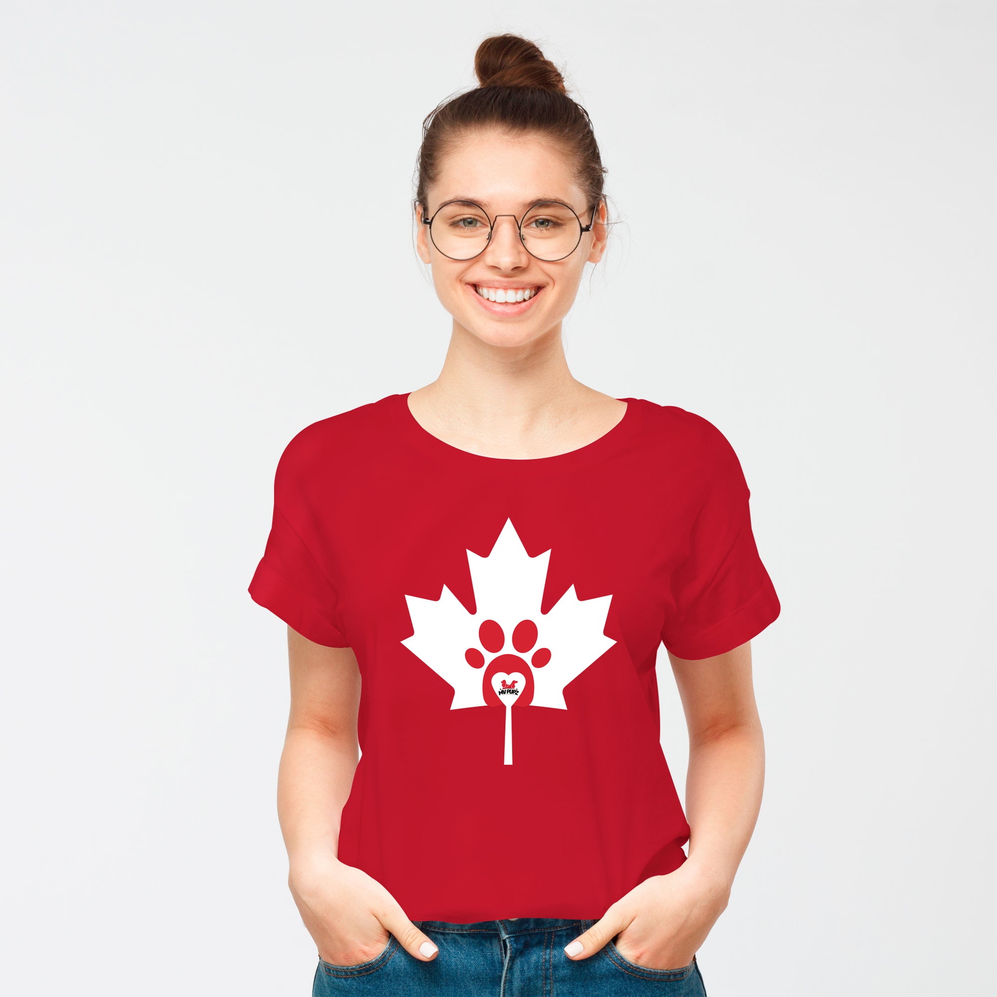 Canada Day t-shirt for dog lovers and a perfect gift idea for "pawrents". Custom print of maple leaf, heart, & paw. Good quality t-shirt 100% pre-shrunk cotton, classic fit. Available in red and black colours.