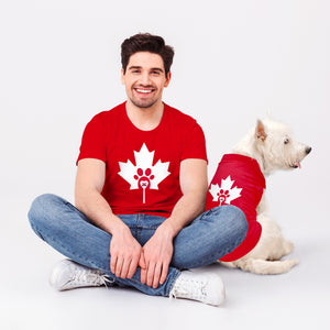 Canada Day t-shirt for dog lovers and a perfect gift idea for "pawrents". Custom print of maple leaf, heart, & paw. Good quality t-shirt 100% pre-shrunk cotton, classic fit. Available in red and black colours.