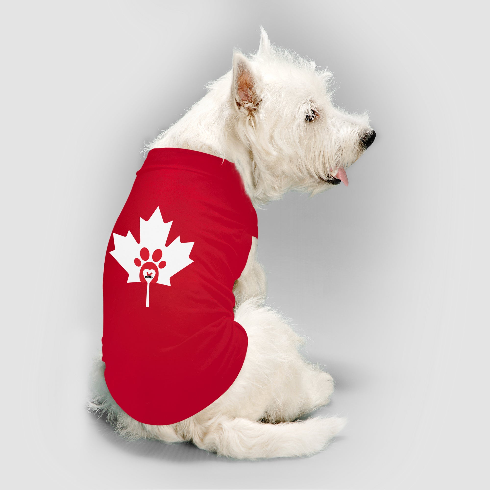 A classic tee for our Canadian puppers and a perfect gift idea for your furry friends. Custom print of maple leaf, heart, & paw. Good quality t-shirt 65% cotton 35% polyester soft material. Available in black and red colours. 